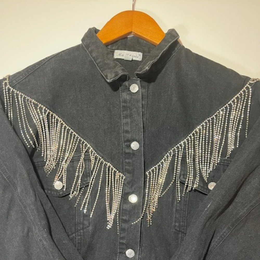 Ma Cherie‎ Rhinestone Fringe Black Button Up Jean Jacket Sz L